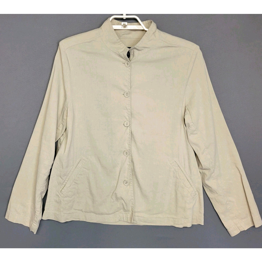 EILEEN FISHER Linen Blend Jacket Utility Mandarin Womens M Beige Buttons Casual